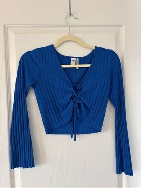 twik Cobalt Ribbed Tie-Front Long Sleeve Crop Top